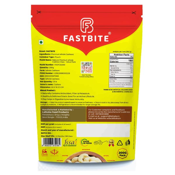 Fastbite Natural Premium Whole Cashews | Whole Crunchy Cashew | Premium Kaju nuts Dry Fruit | Nutritious & Delicious | Gluten Free & Plant-based Protein | Best value pack | Delivery Included (200 gm) - Image 2