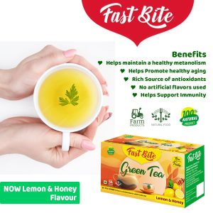 FastBite Premium Lemon & Honey Flavored Leaf Green Tea, Immune with Added Vitamin C | Green Tea Box (25 Bags)