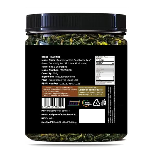 Fastbite Active Gold Loose Leaf Green Tea - 100g Jar | Rich in Antioxidants | Refreshing & Energizing - Image 3